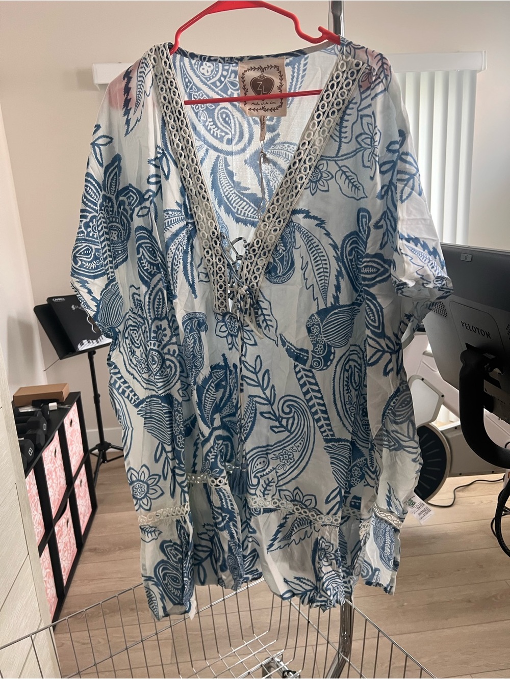Blue Floral V-Neck Crochet-Trim Swim Coverup